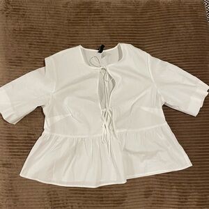 Divided White Tie-Front Short-Sleeved Poplin Top